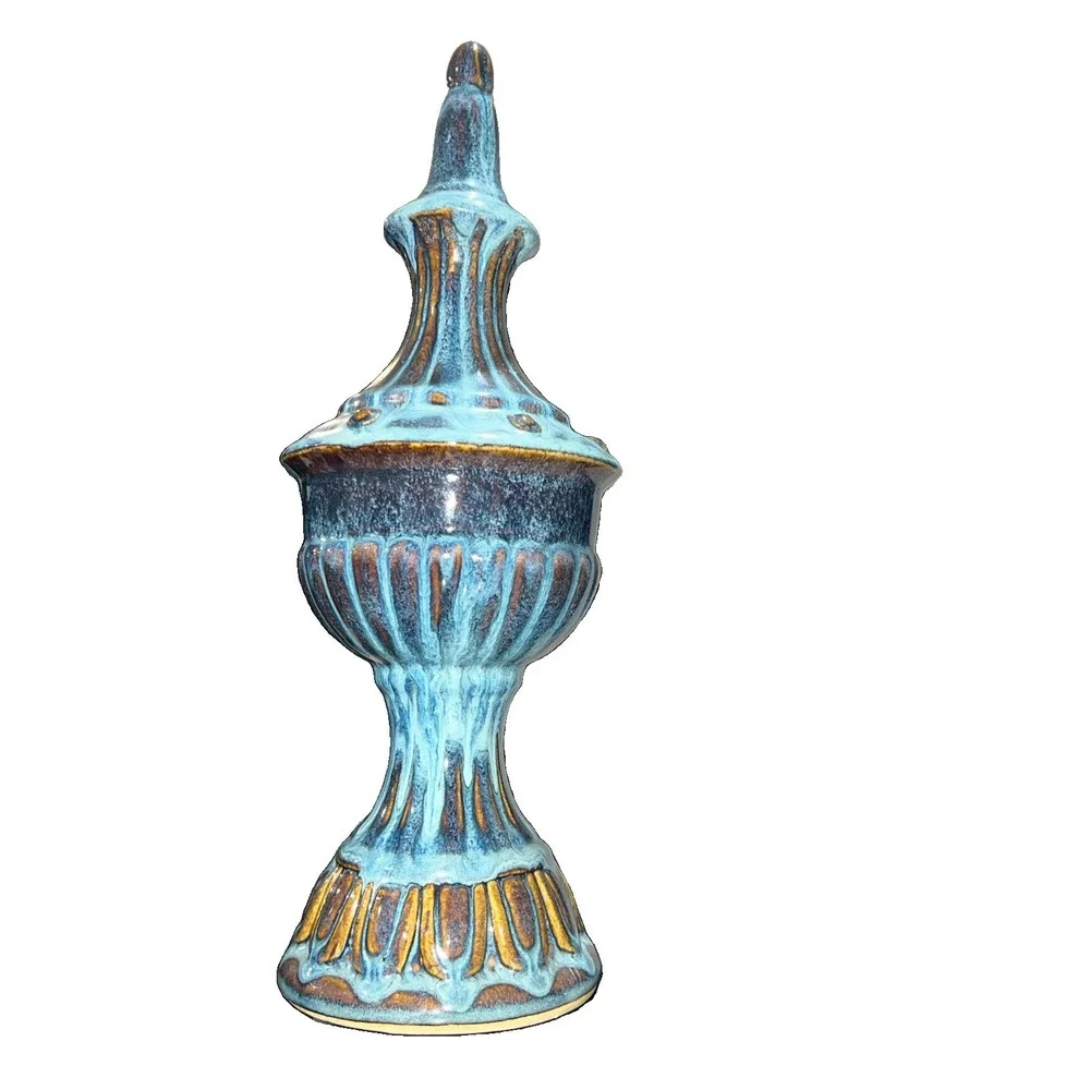 8/CERAMIC FINIAL STATUE Drip Glaze Finish Neoclassic Mid-Century 15 3/4